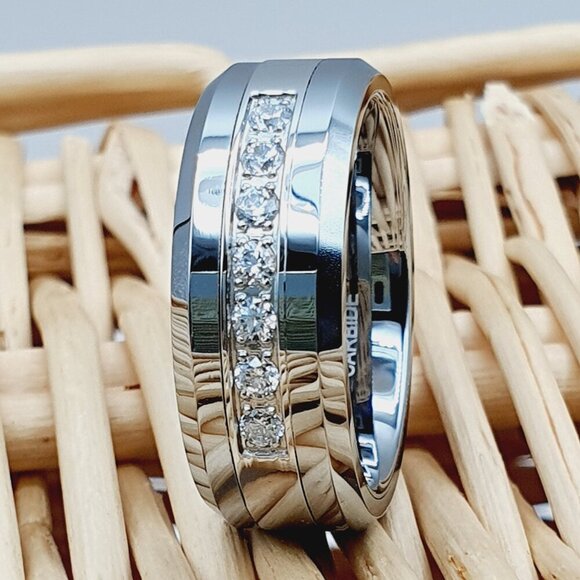 "Silver Tungsten CZ Inlay Wedding Ring for Man, GALTUN772 - Picture 1 of 10